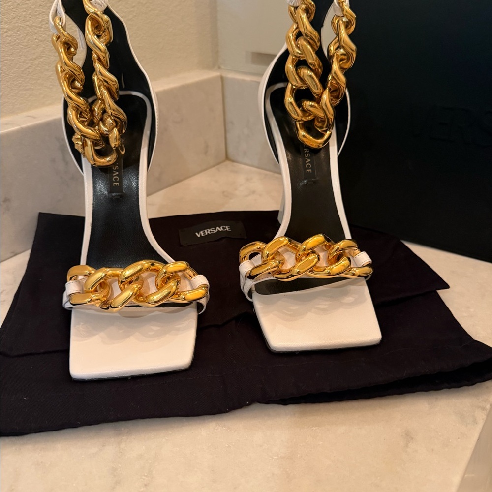 Versace White Leather Chain-Accent High Heel Sandals Including Pouch